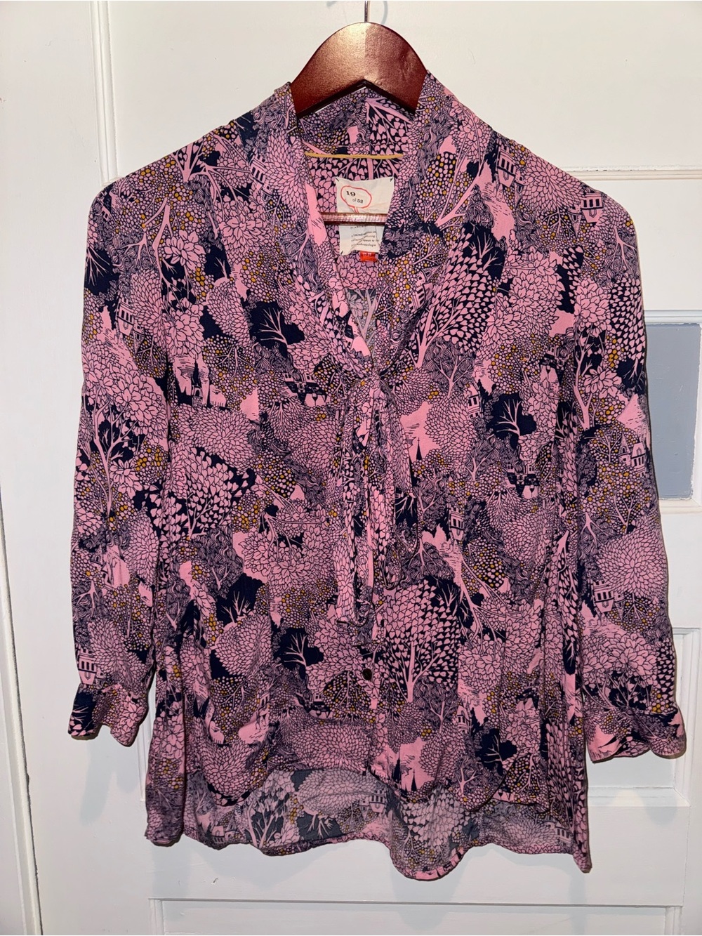 Tea Collection Pink and Navy Tie-Neck Floral Blouse